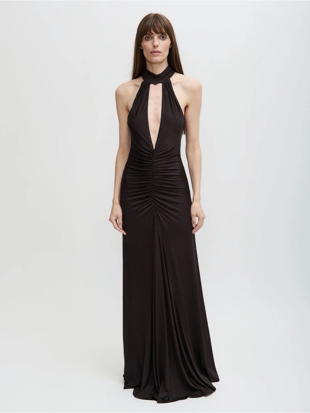 Black Halter Ruched Front Evening Gown